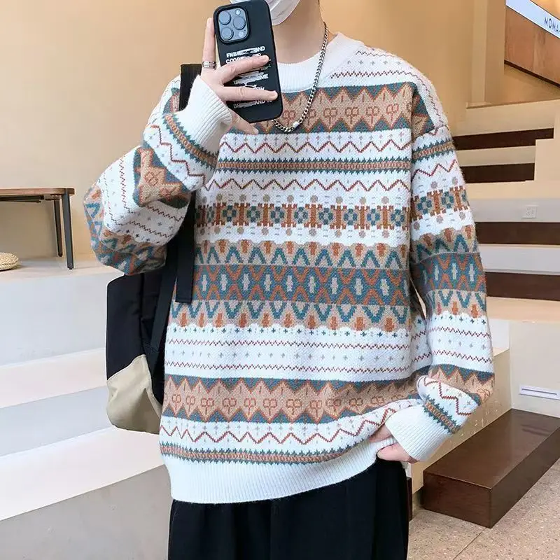 Мужской пуловер с жаккардовым узором, свитер в стиле ретро, утолщенная трикотажная рубашка контрастного цвета, топы, повседневные молодежные теплые свитера в стиле Харадзюку
Мужской пуловер с жаккардовым узором, свитер в стиле ретро, утолщенная трикотажная рубашка контрастного цвета, топы, повседневные молодежные теплые свитера в стиле Харадзюку