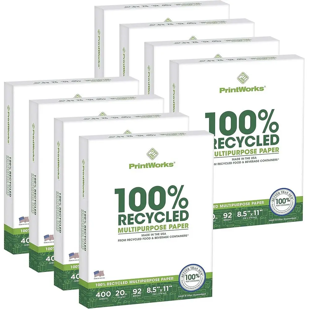 Recycled 8.5x11 White 20 lb Paper, 8 Packs, 3200 Sheets, Made in USA, 92 Bright, Printer & Copier Friendly
Recycled 8.5x11 White 20 lb Paper, 8 Packs, 3200 Sheets, Made in USA, 92 Bright, Printer & Copier Friendly