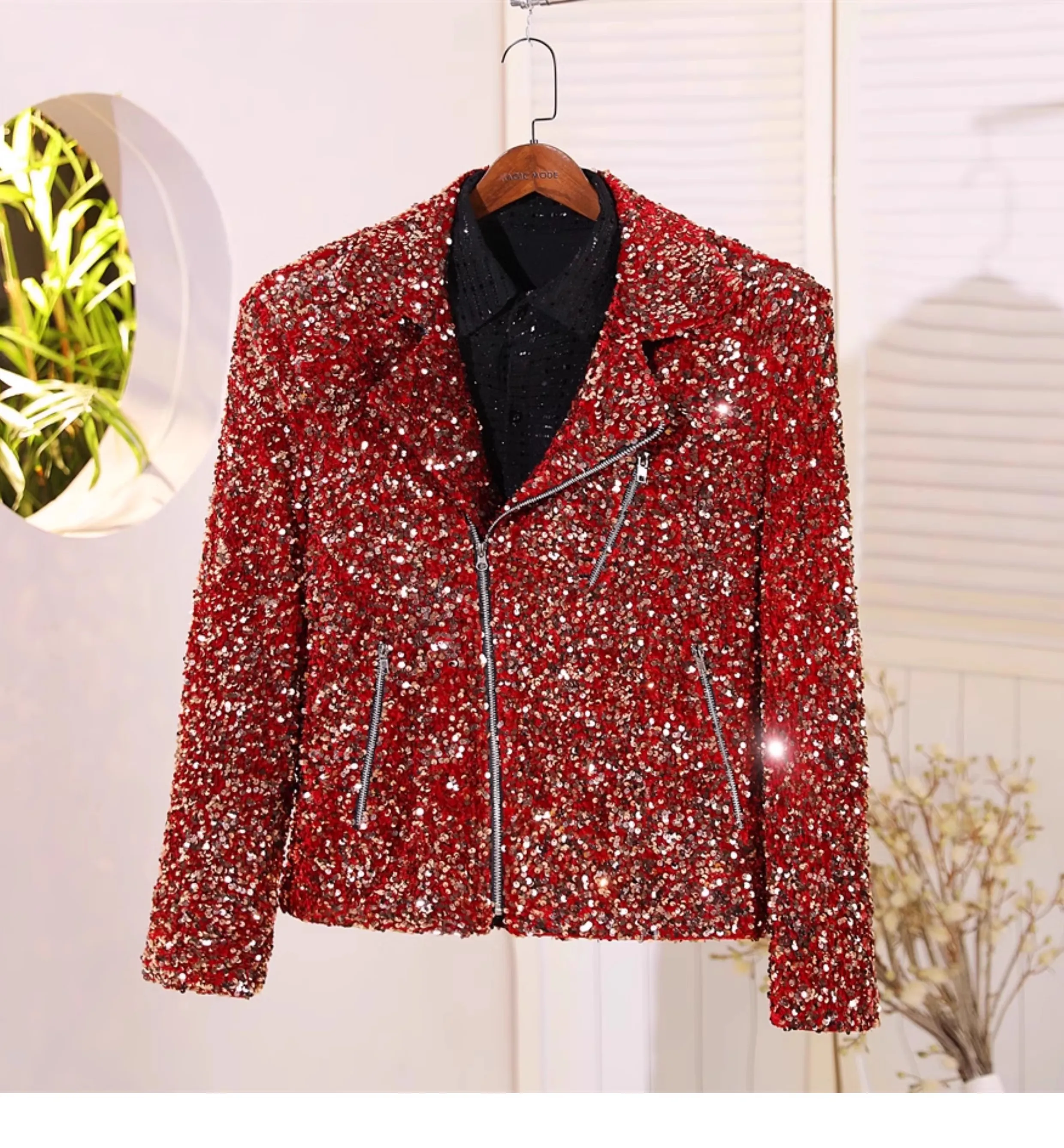 Color High-density Sequin Velvet Casual Zipper Motorcycle Casual Jacket Male Models Singer Runway Stage Dance Christmas Clothing
Color High-density Sequin Velvet Casual Zipper Motorcycle Casual Jacket Male Models Singer Runway Stage Dance Christmas Clothing