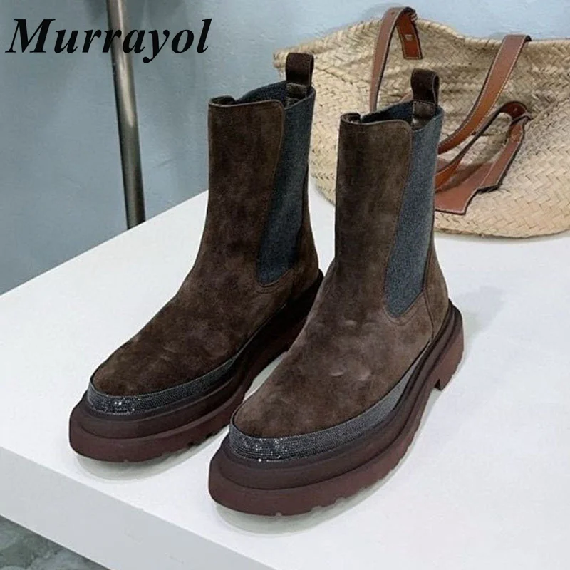 Женские ботильоны с толстой подошвой и декором из бисера, женские короткие ботинки из коровьей замши и эластичной ткани, осенне-зимние ботинки для верховой езды в стиле ретро
Женские ботильоны с толстой подошвой и декором из бисера, женские короткие ботинки из коровьей замши и эластичной ткани, осенне-зимние ботинки для верховой езды в стиле ретро