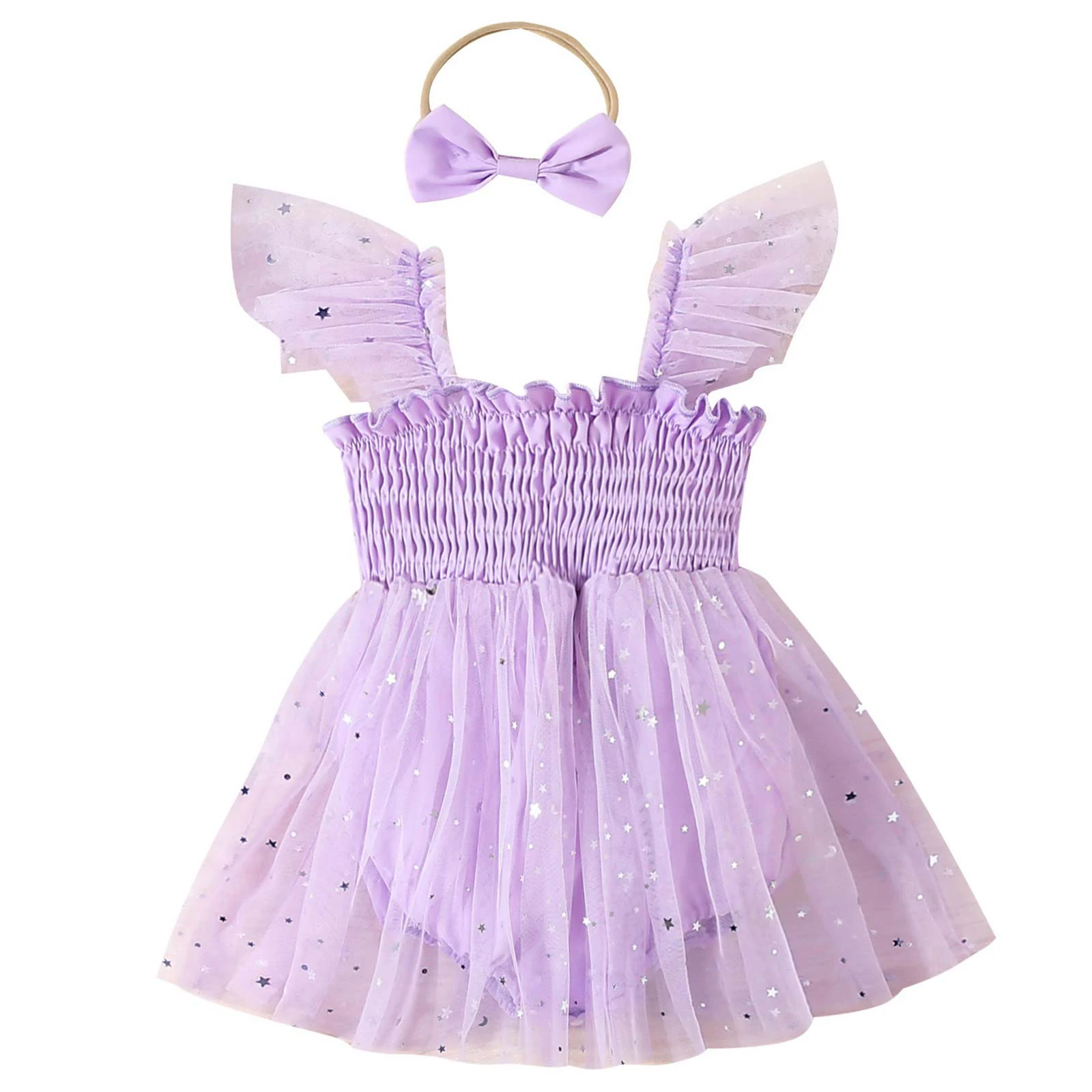 Infant Baby Girls Summer Clothes Cute Romper Flying Sleeve Sequins Star Mesh Bodysuit Dress And Bow Headband for Birthday Party
Infant Baby Girls Summer Clothes Cute Romper Flying Sleeve Sequins Star Mesh Bodysuit Dress And Bow Headband for Birthday Party
