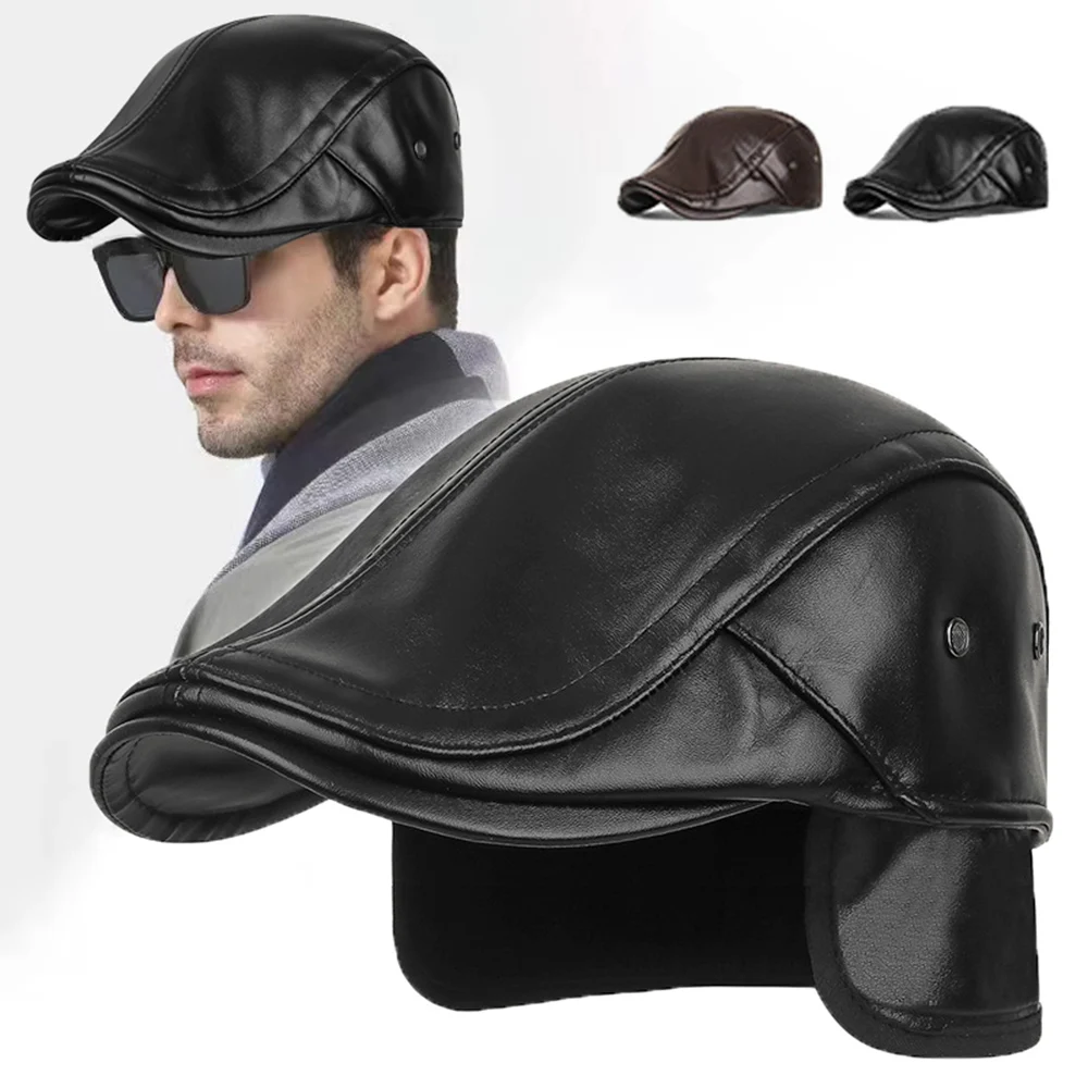 Retro PU Leather Forward Hat Curved Brimmed With Ears Flap Snapback Cap Windproof Ear Protection Newsboy Cap Men Flat Visor Cap
Retro PU Leather Forward Hat Curved Brimmed With Ears Flap Snapback Cap Windproof Ear Protection Newsboy Cap Men Flat Visor Cap