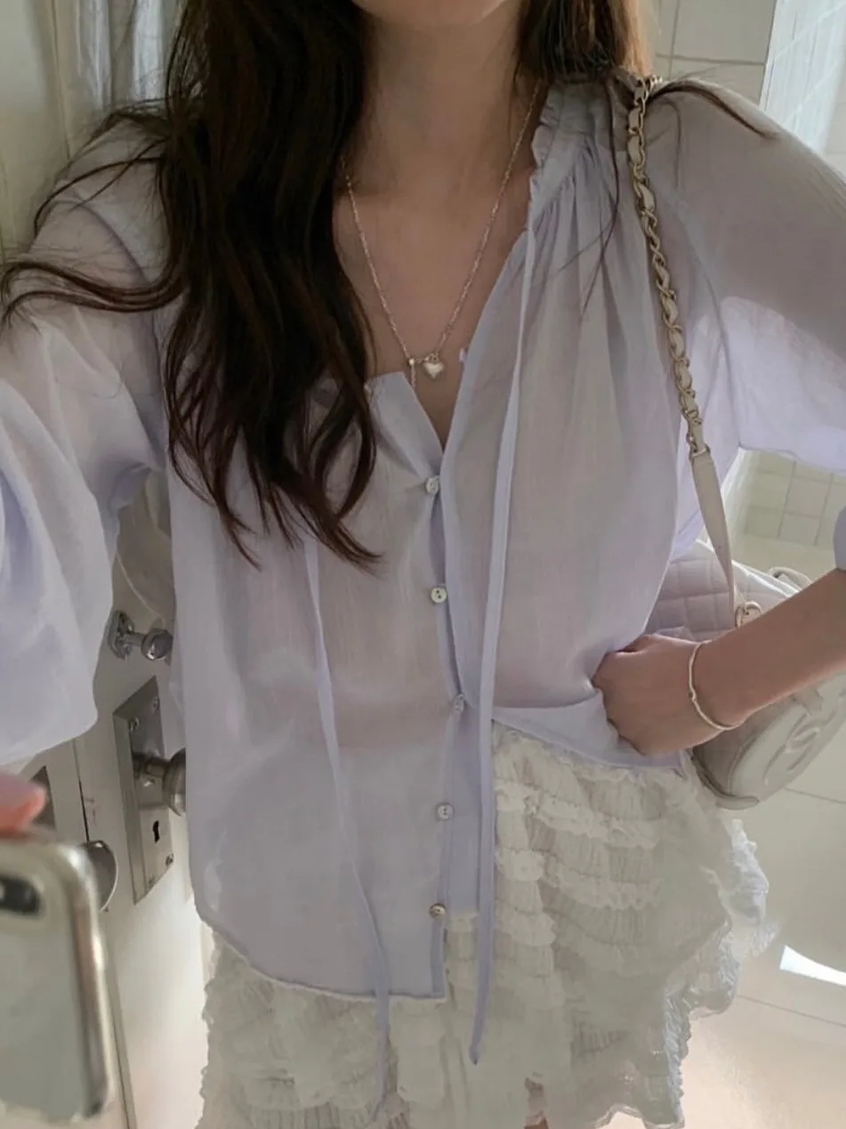 Chic Long Sve Women's irt Thin Collar Sa Sweet Summer Fairylike Versatile Top Bubble Sve Loose Fit Regular Length
Chic Long Sve Women's irt Thin Collar Sa Sweet Summer Fairylike Versatile Top Bubble Sve Loose Fit Regular Length