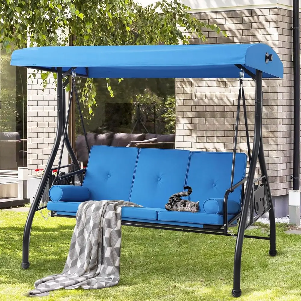 3-Seat Adjustable Outdoor Porch Swing Glider with Cushions, Pillows, and Cup Holder (Blue)
3-Seat Adjustable Outdoor Porch Swing Glider with Cushions, Pillows, and Cup Holder (Blue)