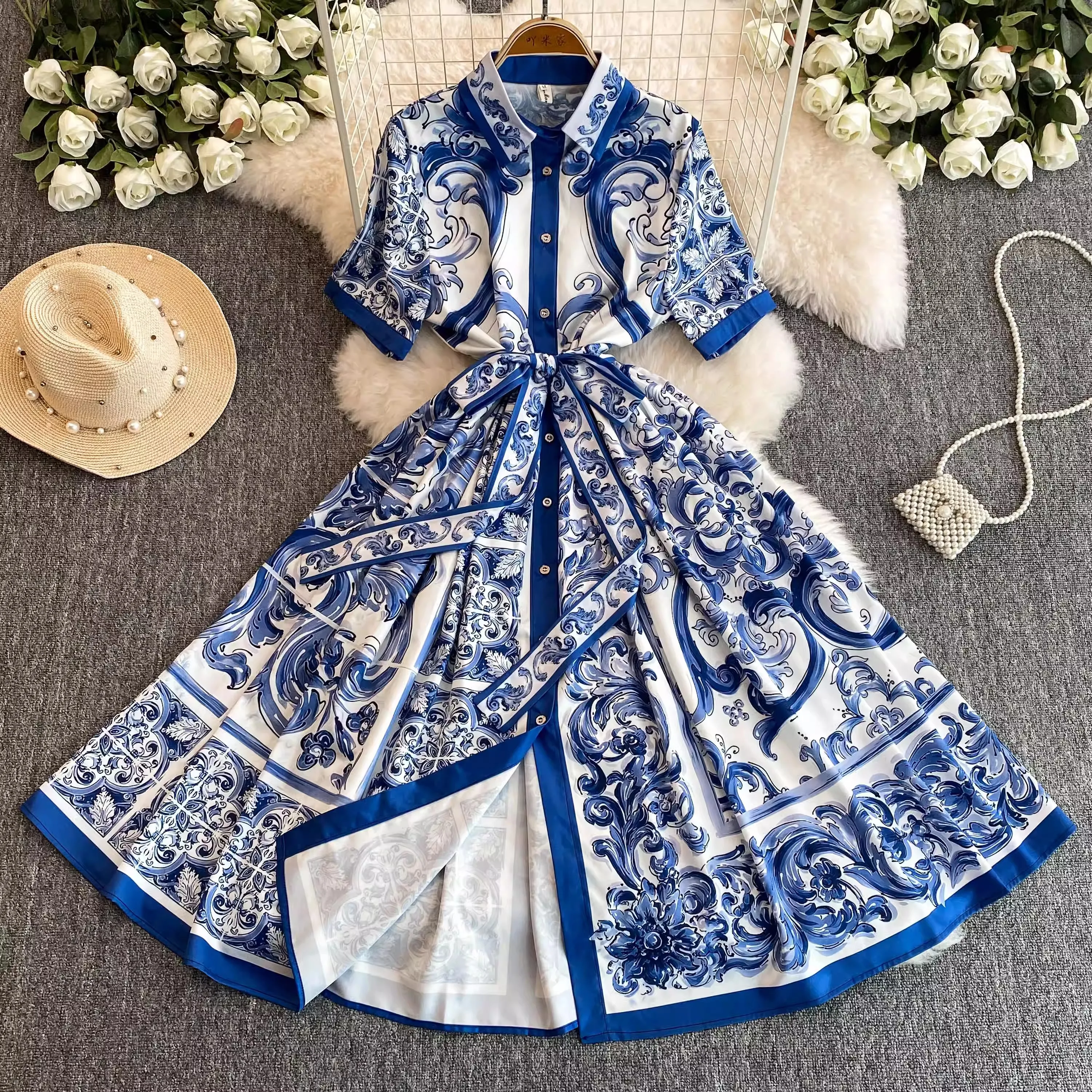 Fashion Summer Holiday Blue And White Porcelain Print Shirt Dress Women's Lapel Short Sleeve Party Vestidos Lace Up Clothing
Fashion Summer Holiday Blue And White Porcelain Print Shirt Dress Women's Lapel Short Sleeve Party Vestidos Lace Up Clothing