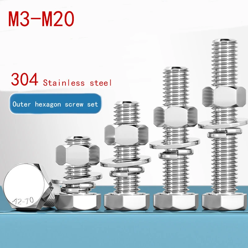 304 Stainless Steel Hex Nut Set With Flat Washer, Spring Washer, Nut Washer, Hex Head Screw Fastener M3-M20 Length 6mm-150mm
304 Stainless Steel Hex Nut Set With Flat Washer, Spring Washer, Nut Washer, Hex Head Screw Fastener M3-M20 Length 6mm-150mm