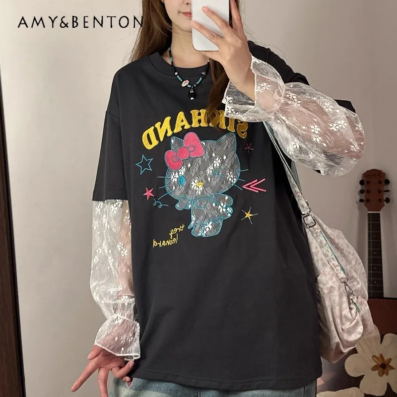 Original Cute Cat Embroidered Lace Splicing Long-sleeved T-shirt Women's Summer Loose Cute Sunscreen Top O-neck Tshirts Pullover 
Original Cute Cat Embroidered Lace Splicing Long-sleeved T-shirt Women's Summer Loose Cute Sunscreen Top O-neck Tshirts Pullover
