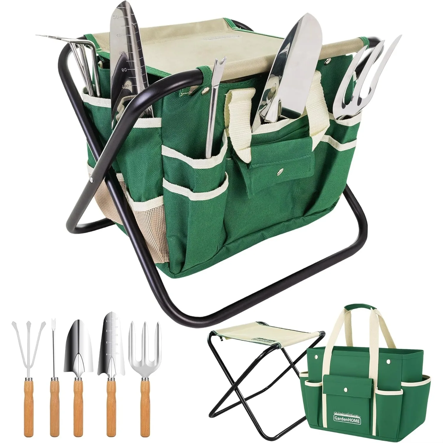 7-Piece Green Gardening Tool Set, Stainless Steel with Wooden Handles, Folding Stool & Canvas Tote, Durable Garden Kit
7-Piece Green Gardening Tool Set, Stainless Steel with Wooden Handles, Folding Stool & Canvas Tote, Durable Garden Kit