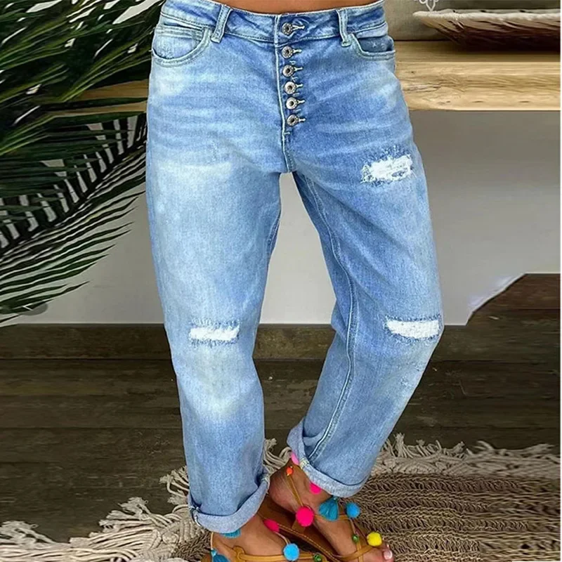 Washed Hole Jeans Women Distressed Denim Straight Pants Buttons Ankle Length Trousers Streetwear Autumn Female Vintage Denims
Washed Hole Jeans Women Distressed Denim Straight Pants Buttons Ankle Length Trousers Streetwear Autumn Female Vintage Denims