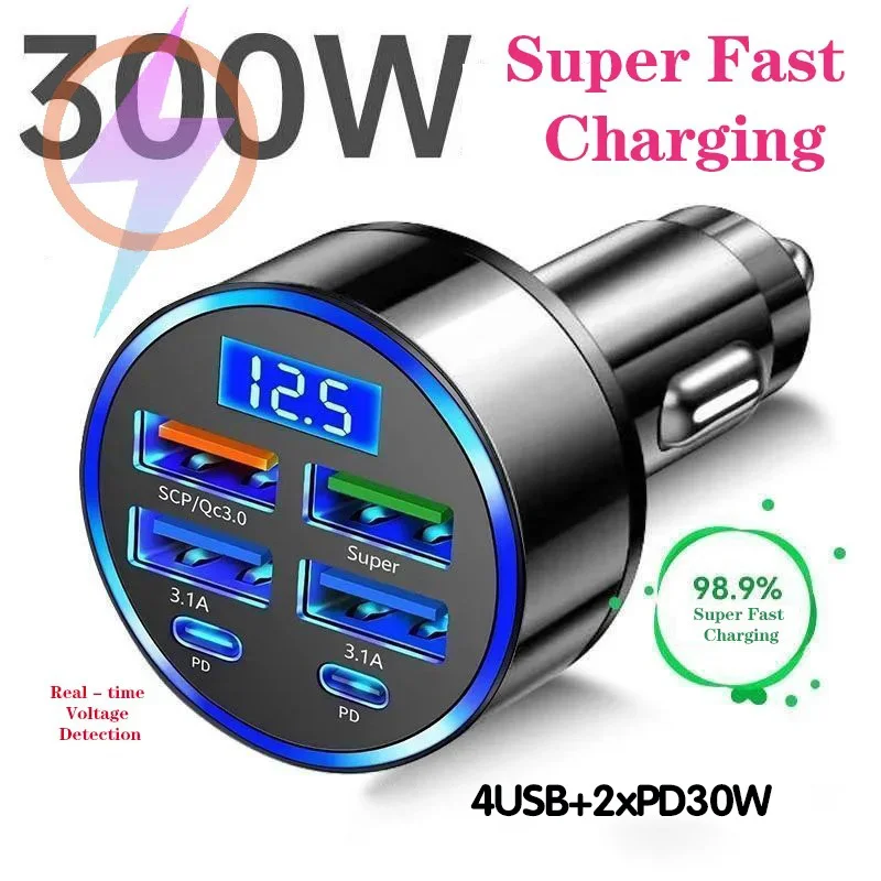 300W 6 Ports Car Charger Fast Charging PD30W/QC3.0/SCP/FCP/AFC/PSS Car Cigarette Lighter Flash Charge with Digital Display
300W 6 Ports Car Charger Fast Charging PD30W/QC3.0/SCP/FCP/AFC/PSS Car Cigarette Lighter Flash Charge with Digital Display