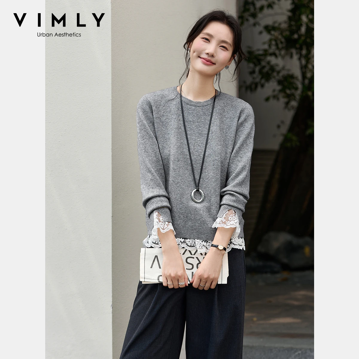 Серые свитера VIMLY для женщин, повседневные кружевные вязаные пуловеры с круглым вырезом, осень 2022, элегантные женские джемперы с длинными рукавами 75225 
Серые свитера VIMLY для женщин, повседневные кружевные вязаные пуловеры с круглым вырезом, осень 2022, элегантные женские джемперы с длинными рукавами 75225