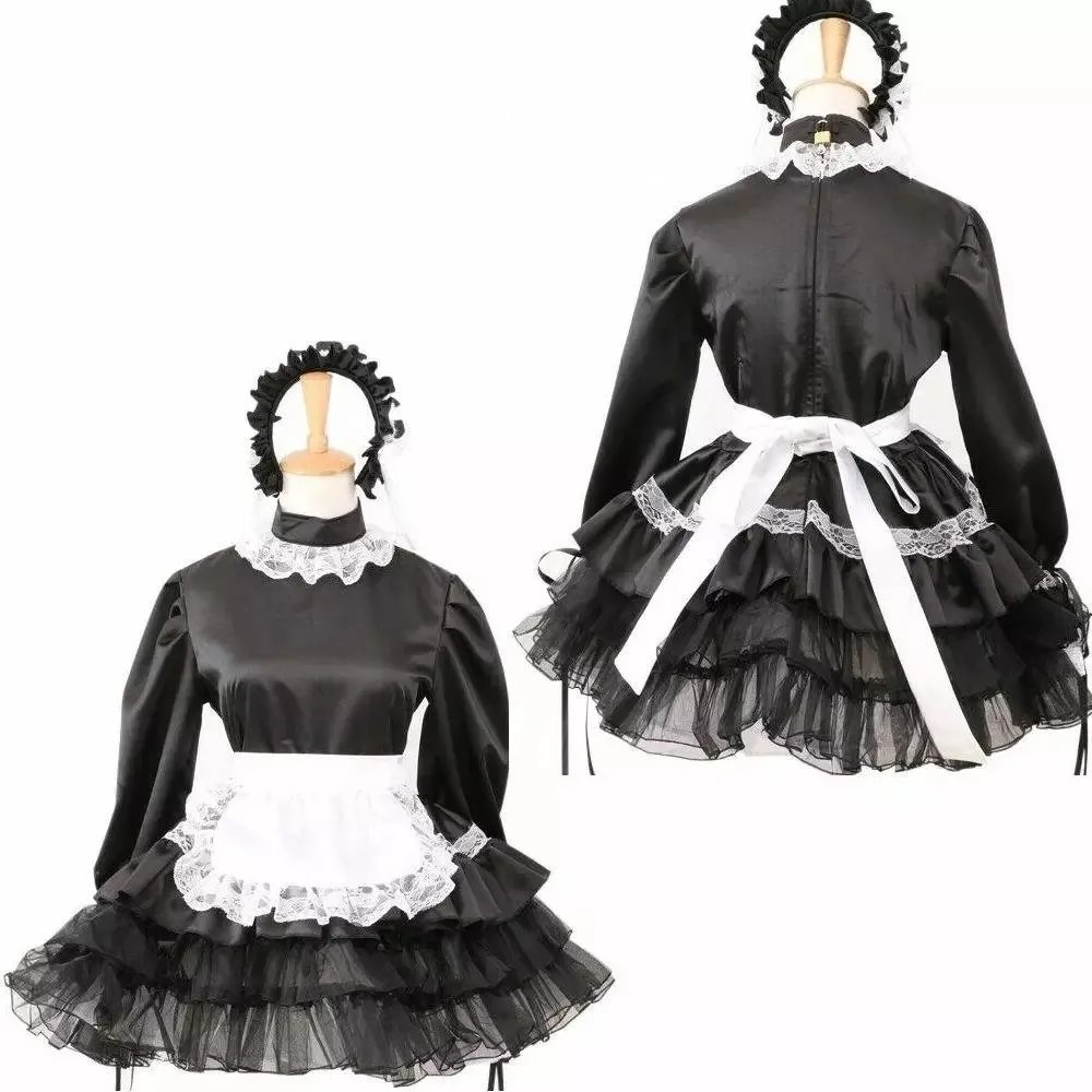 Sissy sexy girl maid black satin lockable chiffon fluffy dress cosplay Halloween party customized
Sissy sexy girl maid black satin lockable chiffon fluffy dress cosplay Halloween party customized