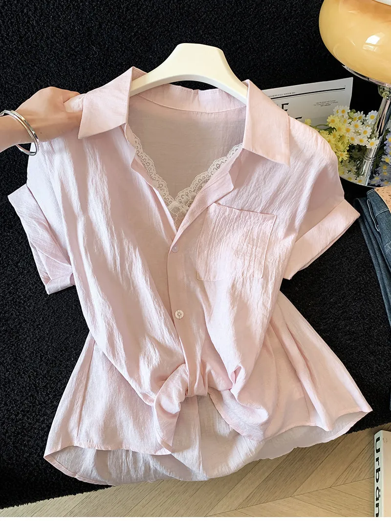 Korean Style Lace Splice Short Sleeve Shirt Women's Summer New Unique Personality Slimming Versatile Top Quality Fashionable
Korean Style Lace Splice Short Sleeve Shirt Women's Summer New Unique Personality Slimming Versatile Top Quality Fashionable