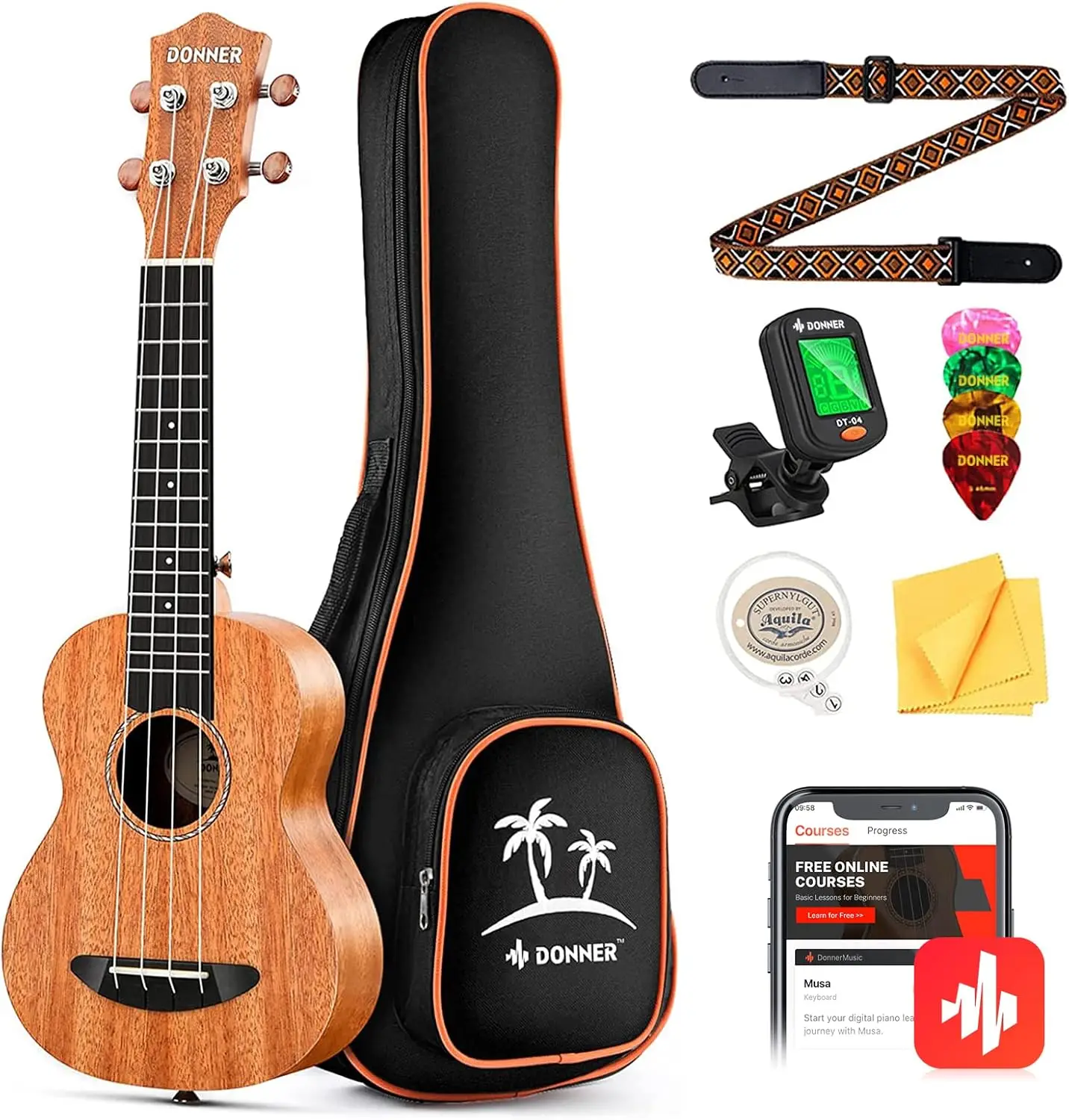21 Inch Mahogany Soprano Ukulele Starter Set with Gig Bag, Strap, Nylon Strings, Tuner, Picks, Cleaning Cloth, and Online Lessons - Perfect Gift for Beginners
21 Inch Mahogany Soprano Ukulele Starter Set with Gig Bag, Strap, Nylon Strings, Tuner, Picks, Cleaning Cloth, and Online Lessons - Perfect Gift for Beginners