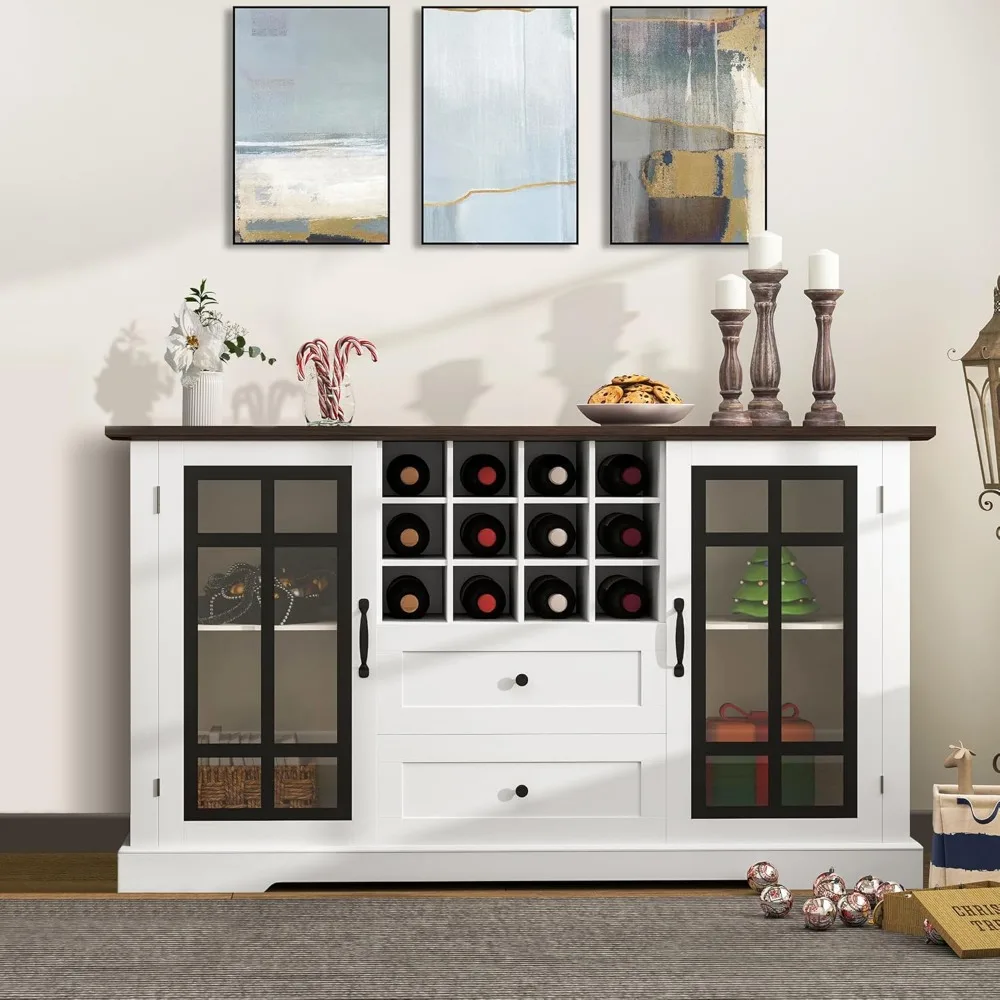 Farmhouse Wine Cabinet, Modern Glass Doors Coffee Bar Cabinet with Storage, 59" Sideboard Buffet Table with 12 Remove Wine Rack,
Farmhouse Wine Cabinet, Modern Glass Doors Coffee Bar Cabinet with Storage, 59" Sideboard Buffet Table with 12 Remove Wine Rack,