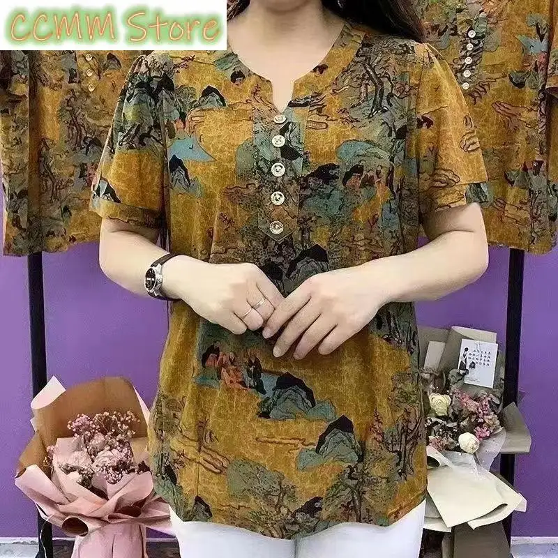 Summer Landscape Painting T-shirt Vintage Casual V-Neck Women's Clothing Short Sleeve Fashion Button Commute Spliced Pullovers
Summer Landscape Painting T-shirt Vintage Casual V-Neck Women's Clothing Short Sleeve Fashion Button Commute Spliced Pullovers