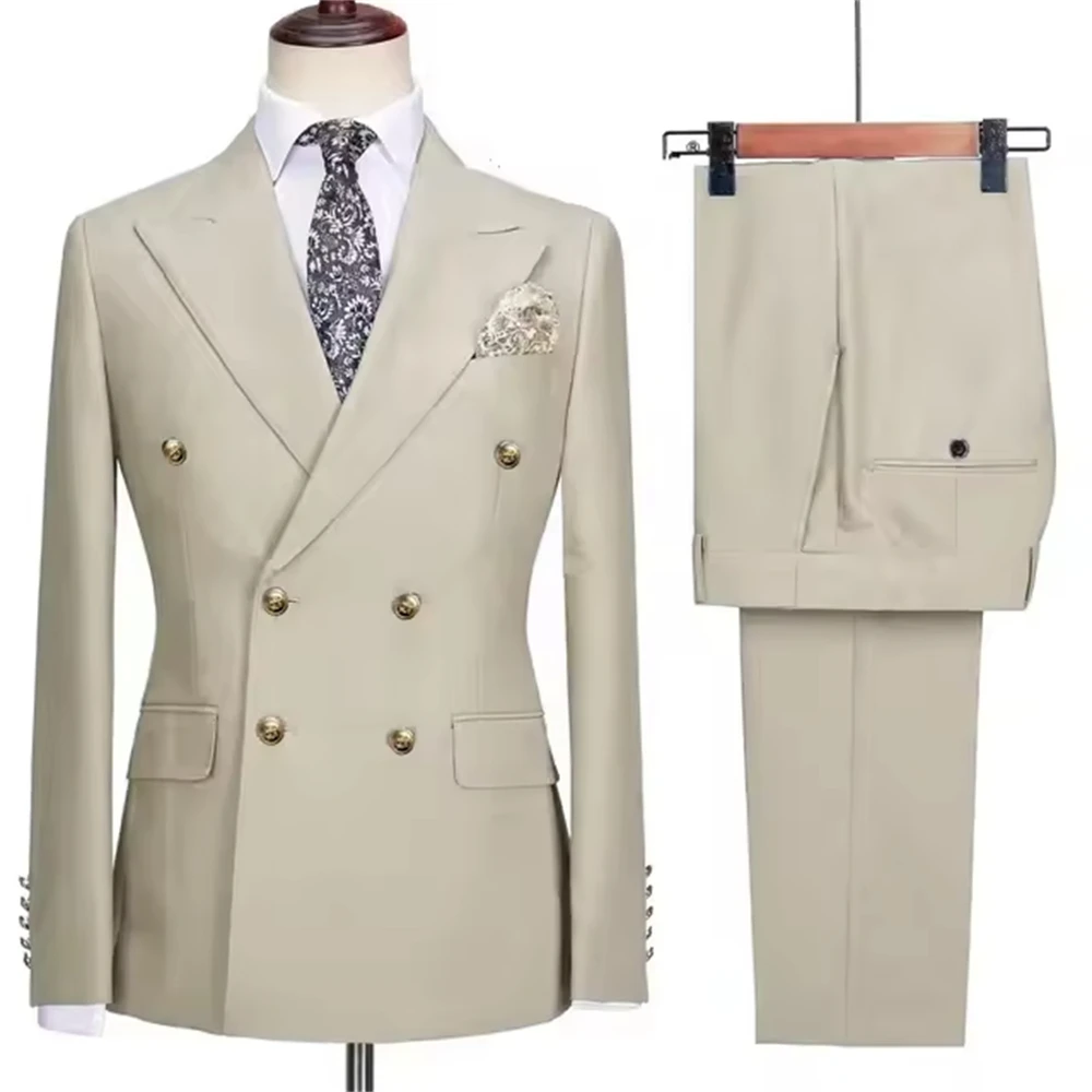 Classic khaki men's 2pcs suit peak lapel double-breasted jacket pants custom-made set for wedding groom daily office wear
Classic khaki men's 2pcs suit peak lapel double-breasted jacket pants custom-made set for wedding groom daily office wear