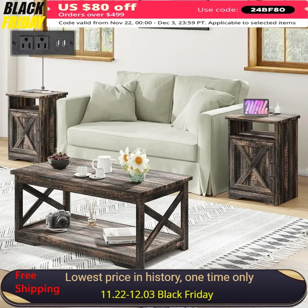 3-Piece Coffee Table Set, Coffee Table and Two Side Tables, with Charging Station and USB Port, Living Room Side Tables Set of 3
3-Piece Coffee Table Set, Coffee Table and Two Side Tables, with Charging Station and USB Port, Living Room Side Tables Set of 3