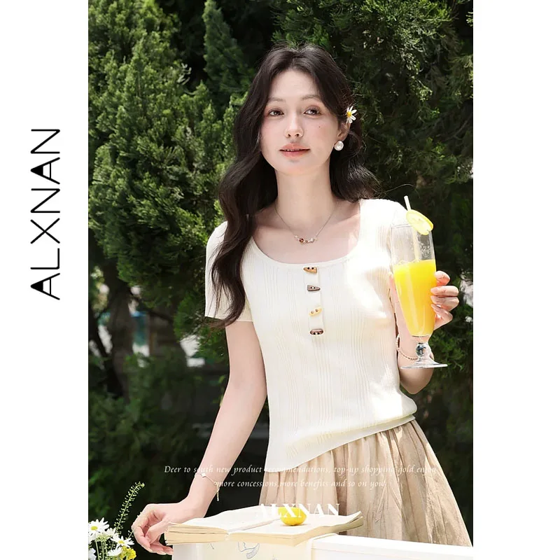 ALXNAN Women's T-shirt Square Neck Knitted Short Sleeve Top 2026 Horn Button Decor Casual Elegant Fashion Female Clothing L66909
ALXNAN Women's T-shirt Square Neck Knitted Short Sleeve Top 2026 Horn Button Decor Casual Elegant Fashion Female Clothing L66909