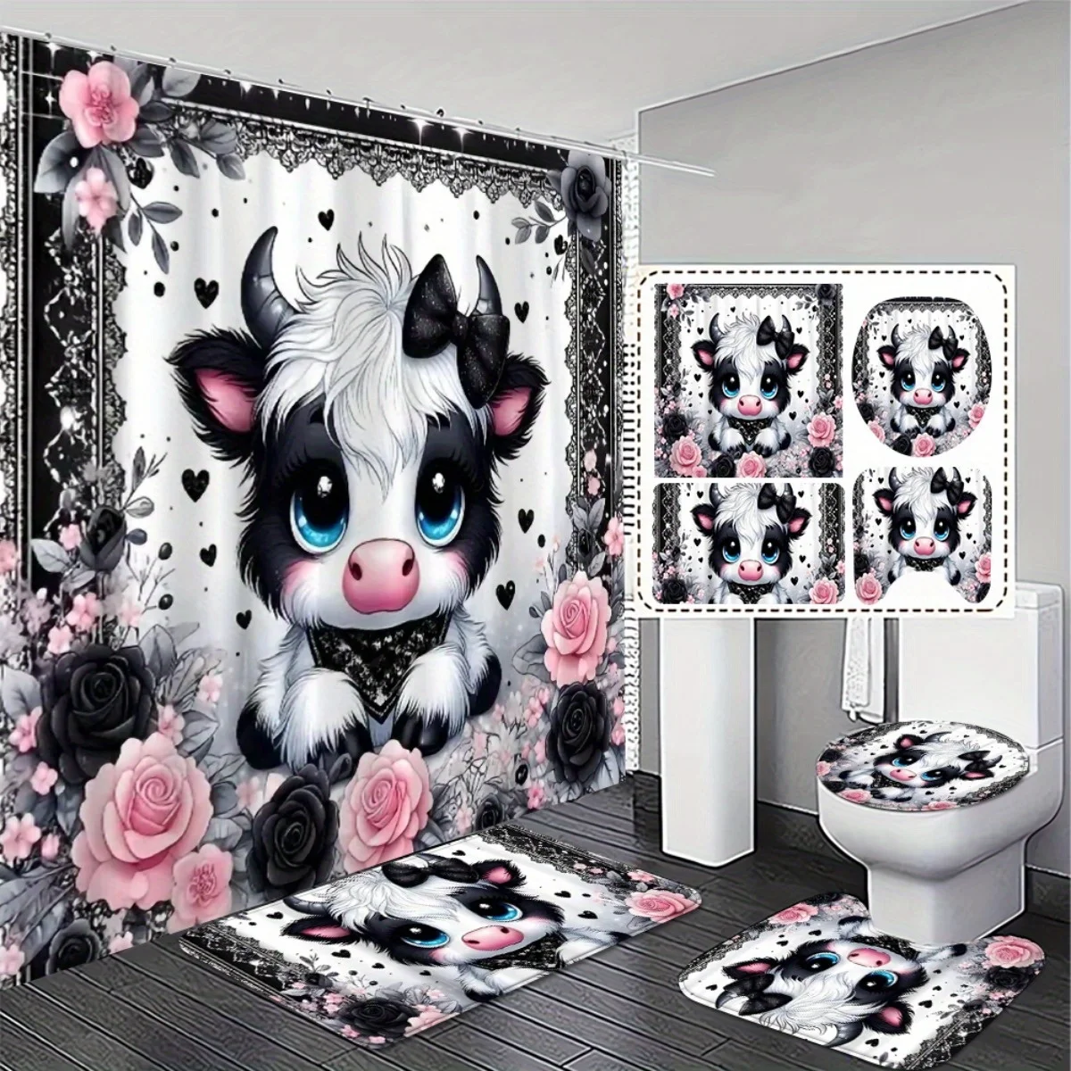 Cute Cow Design 2D Flat Shower Curtain with Non Slip Bath Mat Set 4pcs for Bathroom Home Decor Exquisite Practical Gift
Cute Cow Design 2D Flat Shower Curtain with Non Slip Bath Mat Set 4pcs for Bathroom Home Decor Exquisite Practical Gift