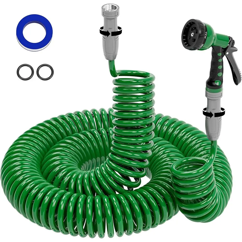 3/8" Lightweight Coil Garden Hose 100FT, EVA Flexible Curly Water Pipes with 6-Pattern Spray Nozzle for Boat, Greenhouse, Yard,
3/8" Lightweight Coil Garden Hose 100FT, EVA Flexible Curly Water Pipes with 6-Pattern Spray Nozzle for Boat, Greenhouse, Yard,