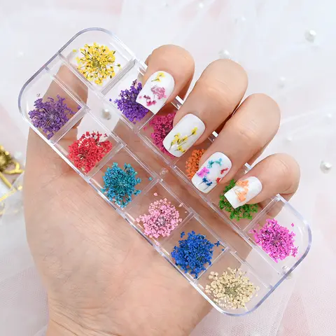 12Grids Dry Flower Nail Art Decoration Real Mini Dried Blossom Stickers Natural Floral Charms Designs DIY Manicure Nails Access*