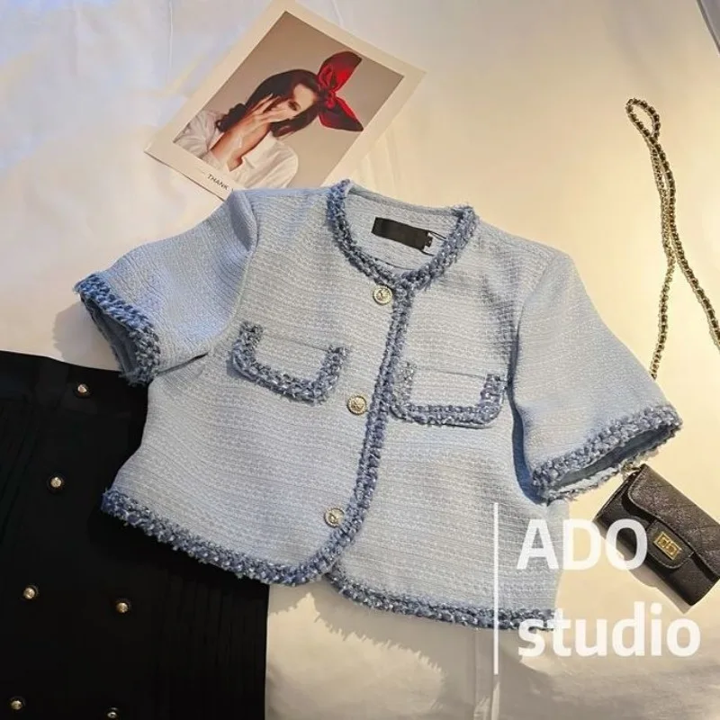 Женский укороченный жакет из твида в французском стиле, синий, с коротким рукавом, элегантный кардиган
Женский укороченный жакет из твида в французском стиле, синий, с коротким рукавом, элегантный кардиган