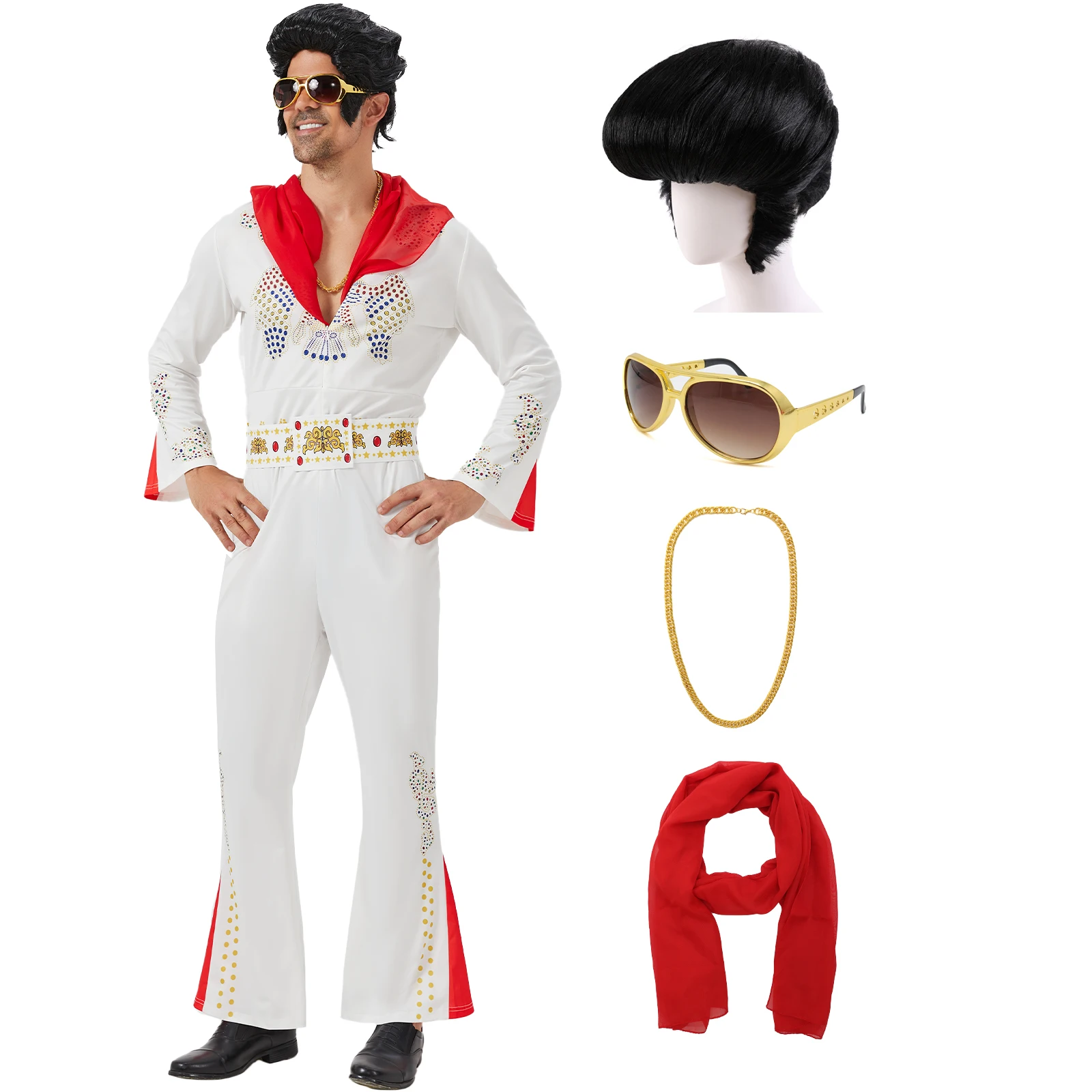 5Pcs Men's 70s Rock Costume Set – White Jumpsuit, Wig, Sunglasses, Necklace & Scarf for Disco, Halloween & Dance Parties
5Pcs Men's 70s Rock Costume Set – White Jumpsuit, Wig, Sunglasses, Necklace & Scarf for Disco, Halloween & Dance Parties
