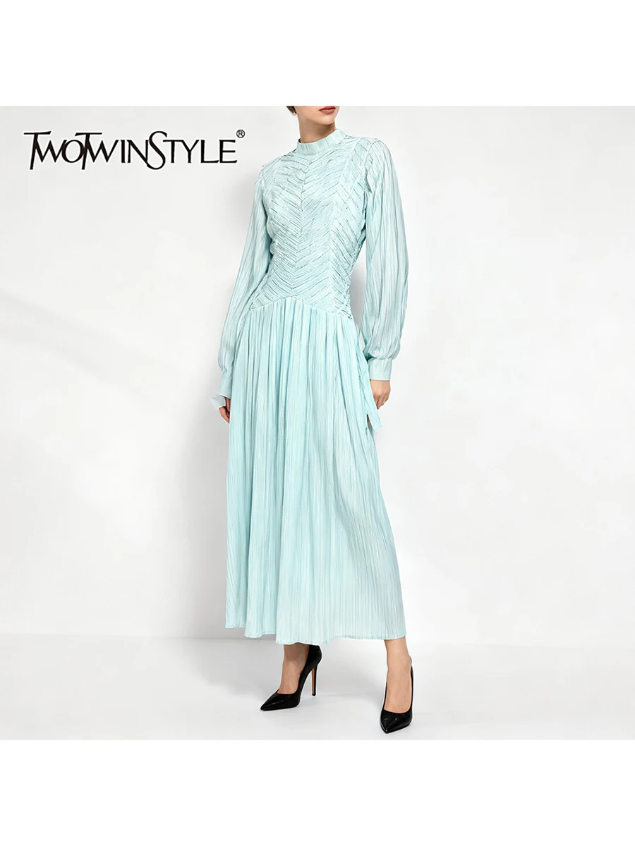 TWOTWINSTYLE Slimming Spliced Shirring Elegant Dresses for Women Stand Neck Long Sleeves Tunic Fashion Dress Female Autumn New
TWOTWINSTYLE Slimming Spliced Shirring Elegant Dresses for Women Stand Neck Long Sleeves Tunic Fashion Dress Female Autumn New