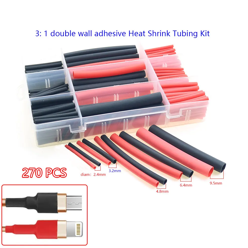 270 Pcs 3: 1 double wall adhesive Heat Shrink Tubing Kit Isolation Sleeving ,Heat Shrink Tube, Wire Cable Wrap
270 Pcs 3: 1 double wall adhesive Heat Shrink Tubing Kit Isolation Sleeving ,Heat Shrink Tube, Wire Cable Wrap