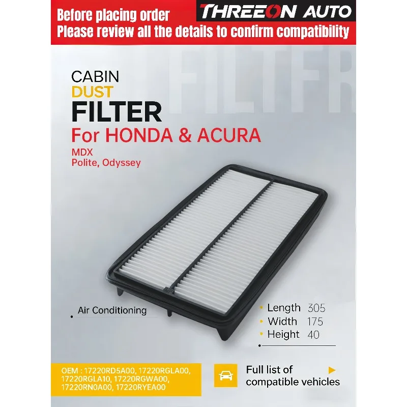 For Honda Odyssey 2005-2010, Pilot 2009-2015, Acura MDX 2007-2009 WESTGUARD MA41003 Air Filter 17220-RN0-A00 17220RGWA00 CA10013
For Honda Odyssey 2005-2010, Pilot 2009-2015, Acura MDX 2007-2009 WESTGUARD MA41003 Air Filter 17220-RN0-A00 17220RGWA00 CA10013