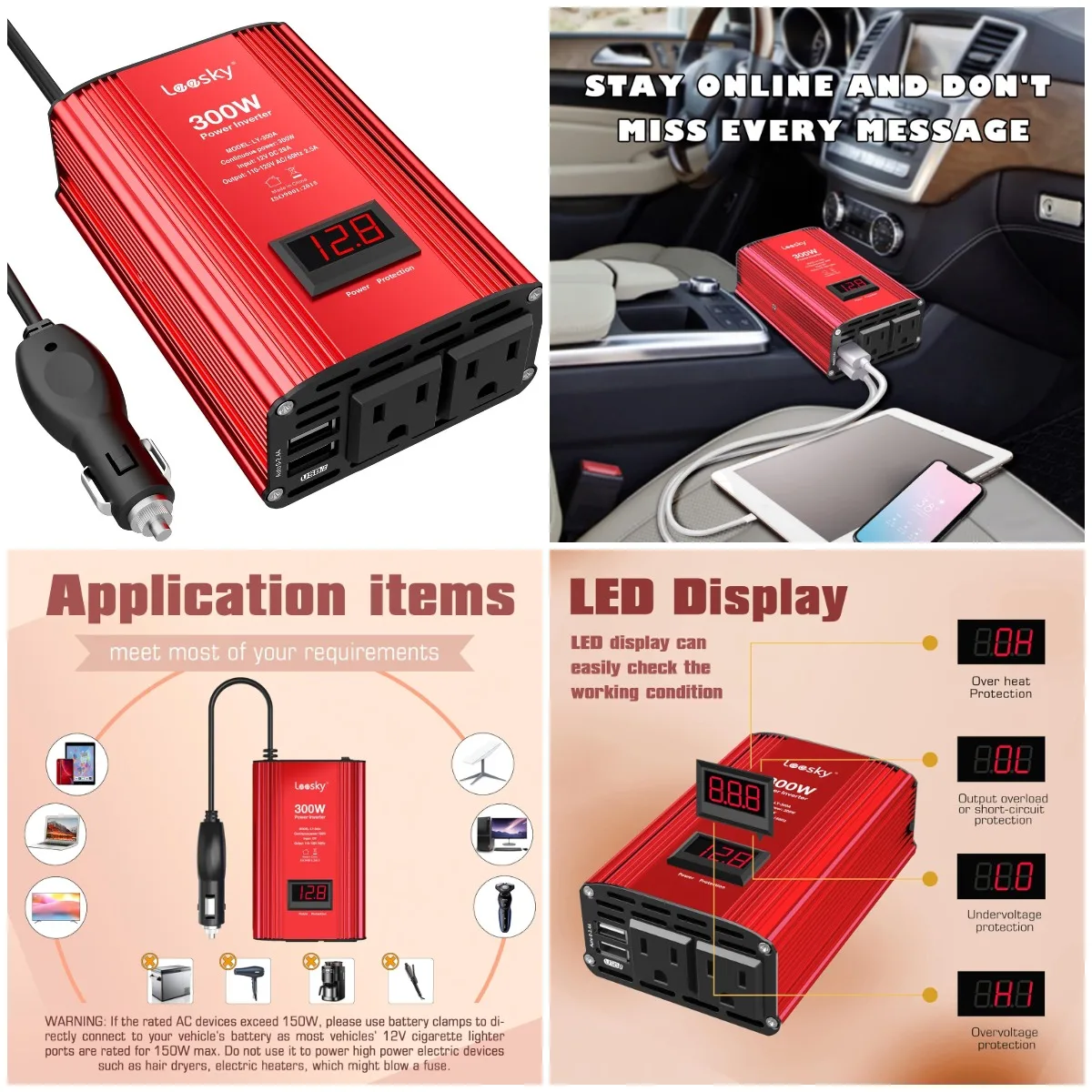 300W Car Power Inverter 12V to 110V with LCD Display, Smart Fan, Dual USB, 2 AC Outlets - LEESKY
300W Car Power Inverter 12V to 110V with LCD Display, Smart Fan, Dual USB, 2 AC Outlets - LEESKY
