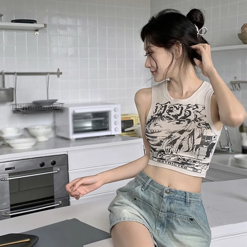 Women's Crop Top Expose Navel Cartoon Print American Retro Dopamine Slim Casual Sports Sleeveless Crop Top 2023 Summer
Women's Crop Top Expose Navel Cartoon Print American Retro Dopamine Slim Casual Sports Sleeveless Crop Top 2023 Summer