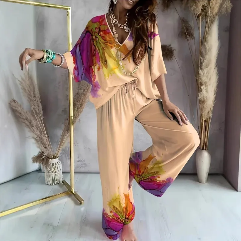 Summer Loose Casual 2 Piece Sets Women Outfit Flower Printed Half Sleeves Pullover Top + Wide Leg Pants Sets Streetwear Female
Summer Loose Casual 2 Piece Sets Women Outfit Flower Printed Half Sleeves Pullover Top + Wide Leg Pants Sets Streetwear Female