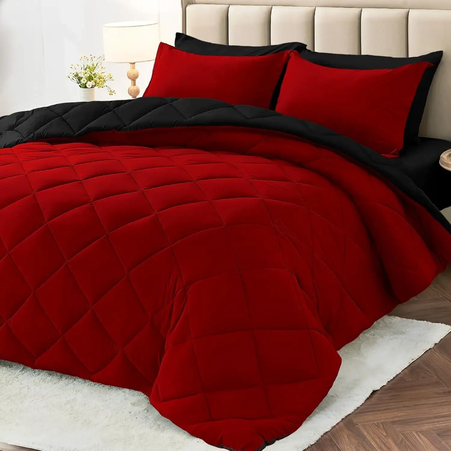 7 Pieces California King Comforter Set Reversible Bed in a Bag All Season Bedding with Sheets Pillowcases & Shams Red Black
7 Pieces California King Comforter Set Reversible Bed in a Bag All Season Bedding with Sheets Pillowcases & Shams Red Black