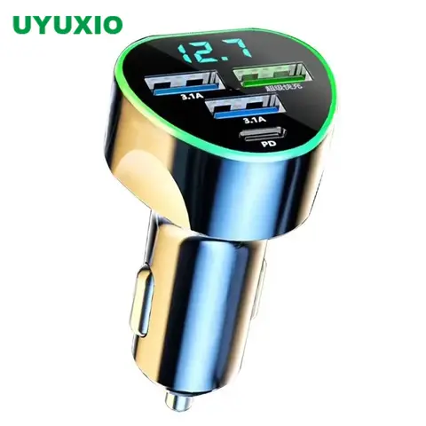 Car Phone Charger USB Type C Super Fast Charge in Car with LED Voltage Monitor for iPhone Samsung Huawei Oneplus Vivo Oppo