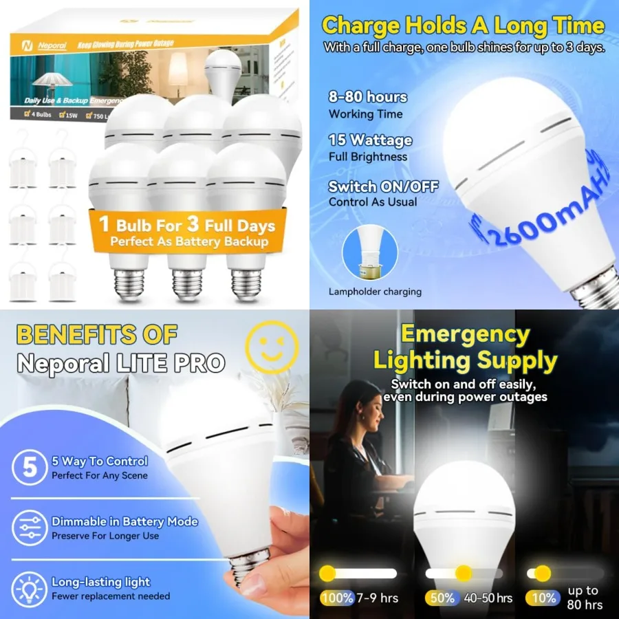 A19 Rechargeable Light Bulbs, Socket Rechargeable Emergency Light Bulb for Power Failure, Battery Backup Bulbs for Home, Hurric
A19 Rechargeable Light Bulbs, Socket Rechargeable Emergency Light Bulb for Power Failure, Battery Backup Bulbs for Home, Hurric