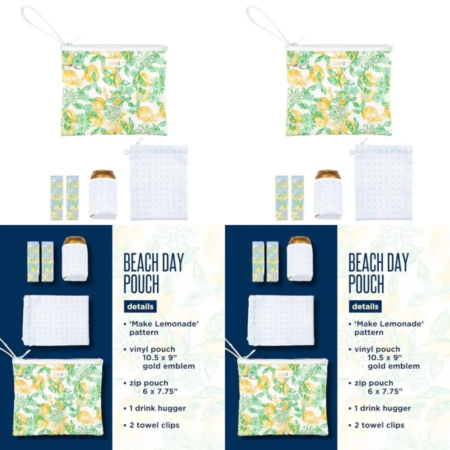 Lilly Pulitzer Water Resistant Vinyl Beach Day Pouch, Zipper Bag Includes Drink Hugger, Small Pouch, and Towel Clips
Lilly Pulitzer Water Resistant Vinyl Beach Day Pouch, Zipper Bag Includes Drink Hugger, Small Pouch, and Towel Clips