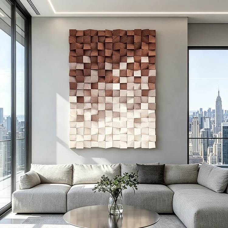 Handmade 3D Mosaic Solid Wood Block Wall Art Gradient Color Custom Size Luxury Home Hotel Lobby Decorative Wood Wall Sculpture
Handmade 3D Mosaic Solid Wood Block Wall Art Gradient Color Custom Size Luxury Home Hotel Lobby Decorative Wood Wall Sculpture