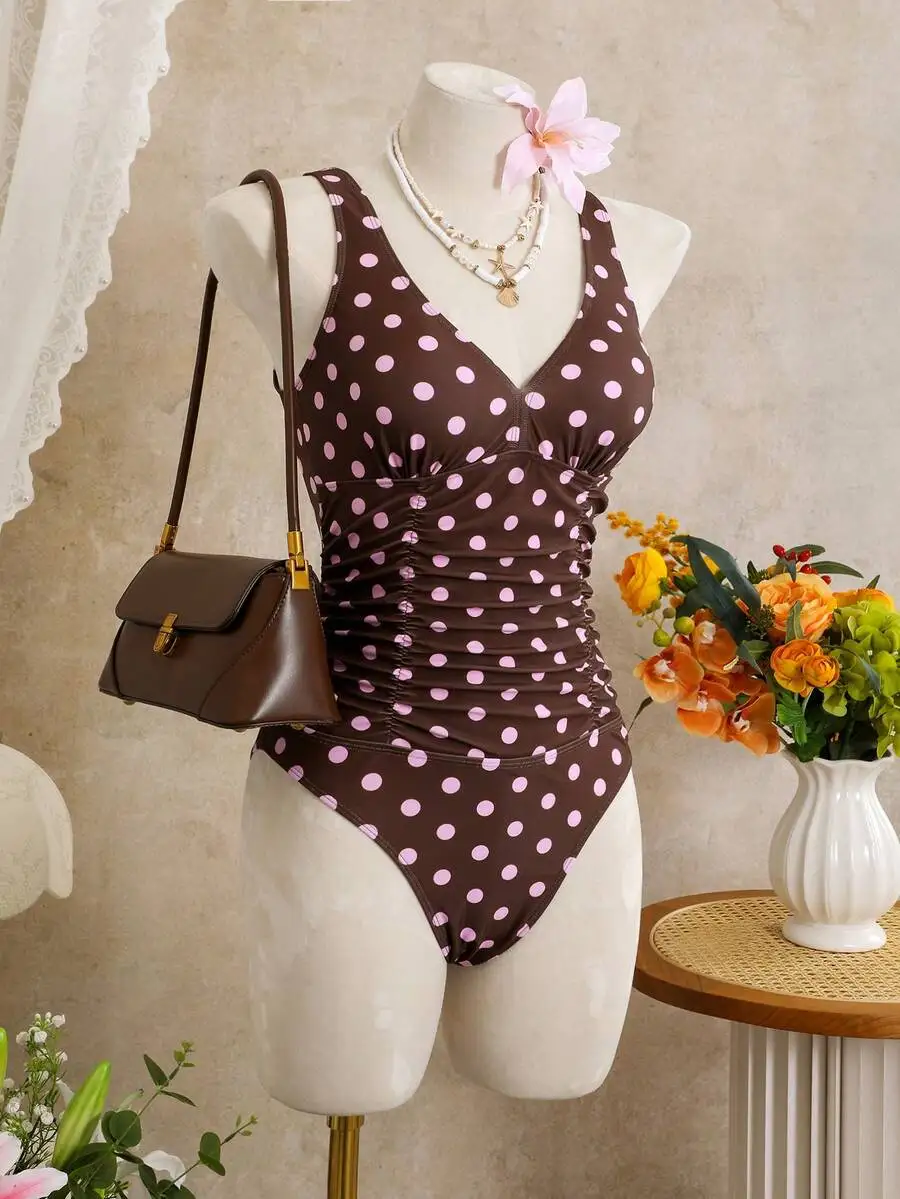 Womens Polka Dot Ruched One-Piece Swimsuit With Adjustable Straps Casual Vacation Swimwear
Womens Polka Dot Ruched One-Piece Swimsuit With Adjustable Straps Casual Vacation Swimwear