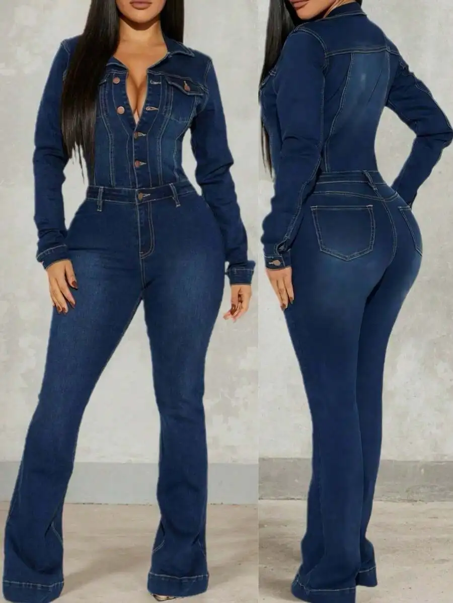 Womens Denim Jumpsuit Long Sleeve Collar Button Front Flared Pants With Pockets
Womens Denim Jumpsuit Long Sleeve Collar Button Front Flared Pants With Pockets