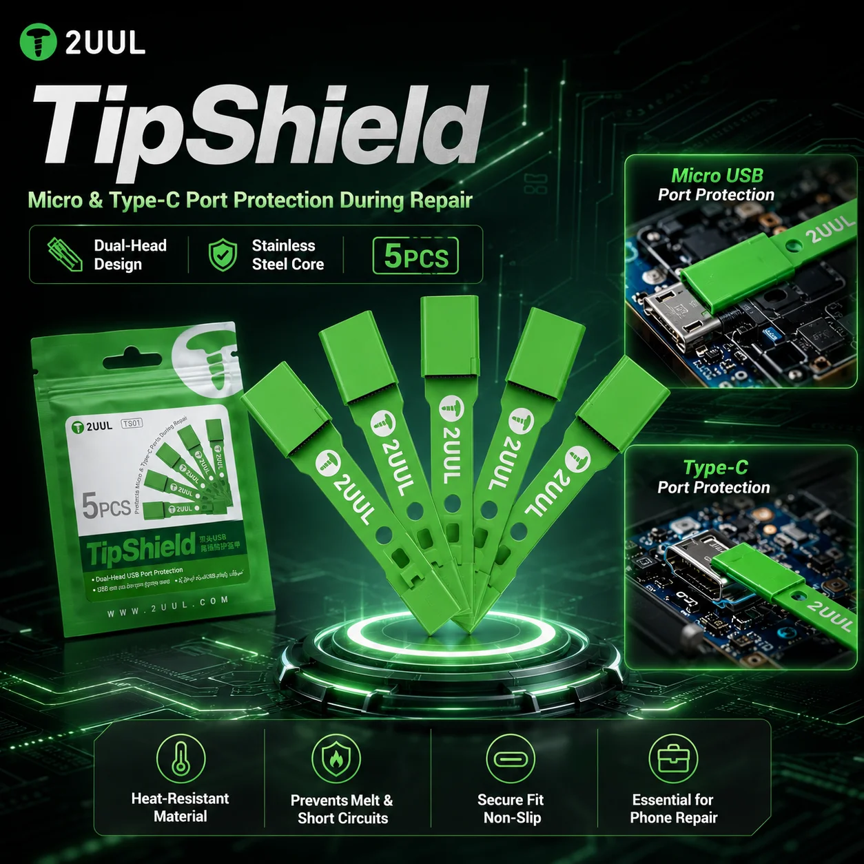 2UUL TipShield 5PCS Dual-Head Micro USB Type-C Port Protection Anti-Melt Shield Cover for Phone Charging Repair Tools
2UUL TipShield 5PCS Dual-Head Micro USB Type-C Port Protection Anti-Melt Shield Cover for Phone Charging Repair Tools