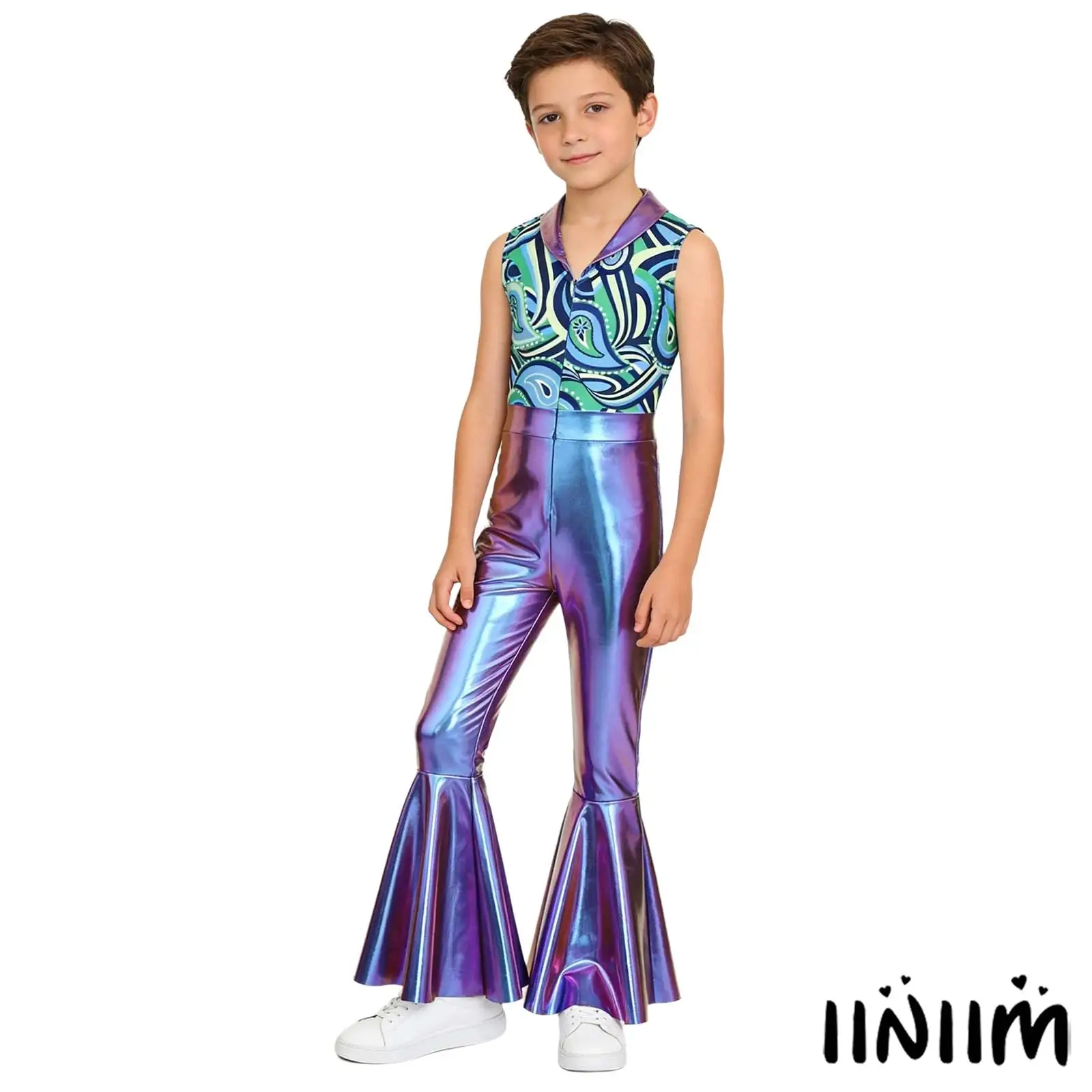 Kids Boy Jazz Disco Party Dance Costume Glossy Sleeveless Print Patchwork Long Flare Pants Jumpsuit Rompers for Music Festival
Kids Boy Jazz Disco Party Dance Costume Glossy Sleeveless Print Patchwork Long Flare Pants Jumpsuit Rompers for Music Festival
