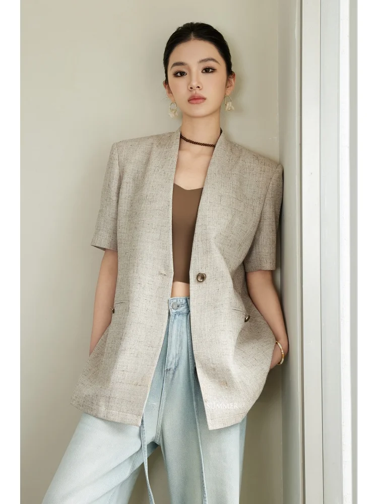 WANGXO Bamboo Texture Linen Fabric Wide Shoulder Short Sleeve Suit Straight Skirt Set Fashionable Vintage Style Women's Outfit
WANGXO Bamboo Texture Linen Fabric Wide Shoulder Short Sleeve Suit Straight Skirt Set Fashionable Vintage Style Women's Outfit