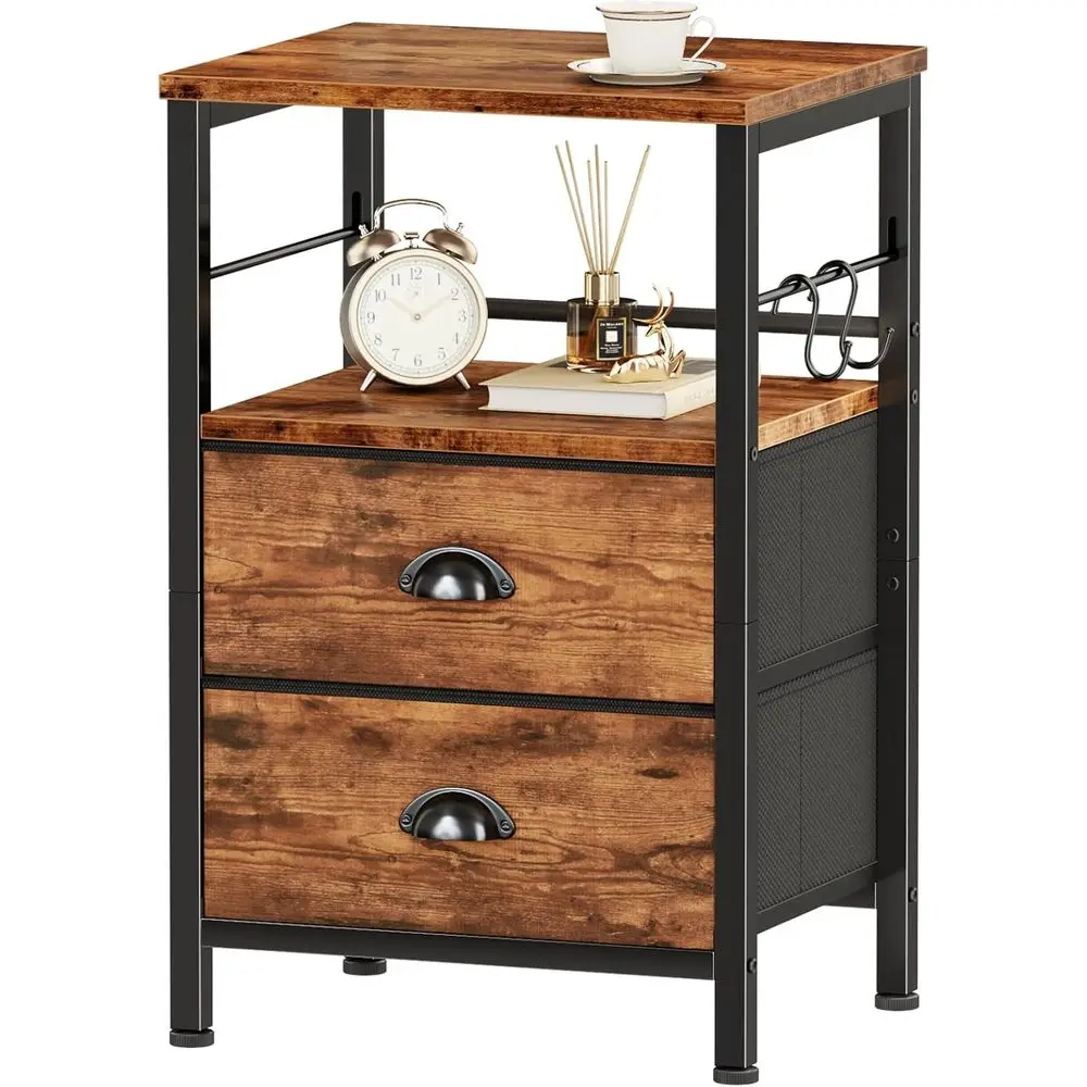 Nightstand with 2 Drawers, 2-Tier Night Stand, Table with Hooks, Open Wooden Shel, Bedroom End Table, Backboard Design, Metal, R
Nightstand with 2 Drawers, 2-Tier Night Stand, Table with Hooks, Open Wooden Shel, Bedroom End Table, Backboard Design, Metal, R
