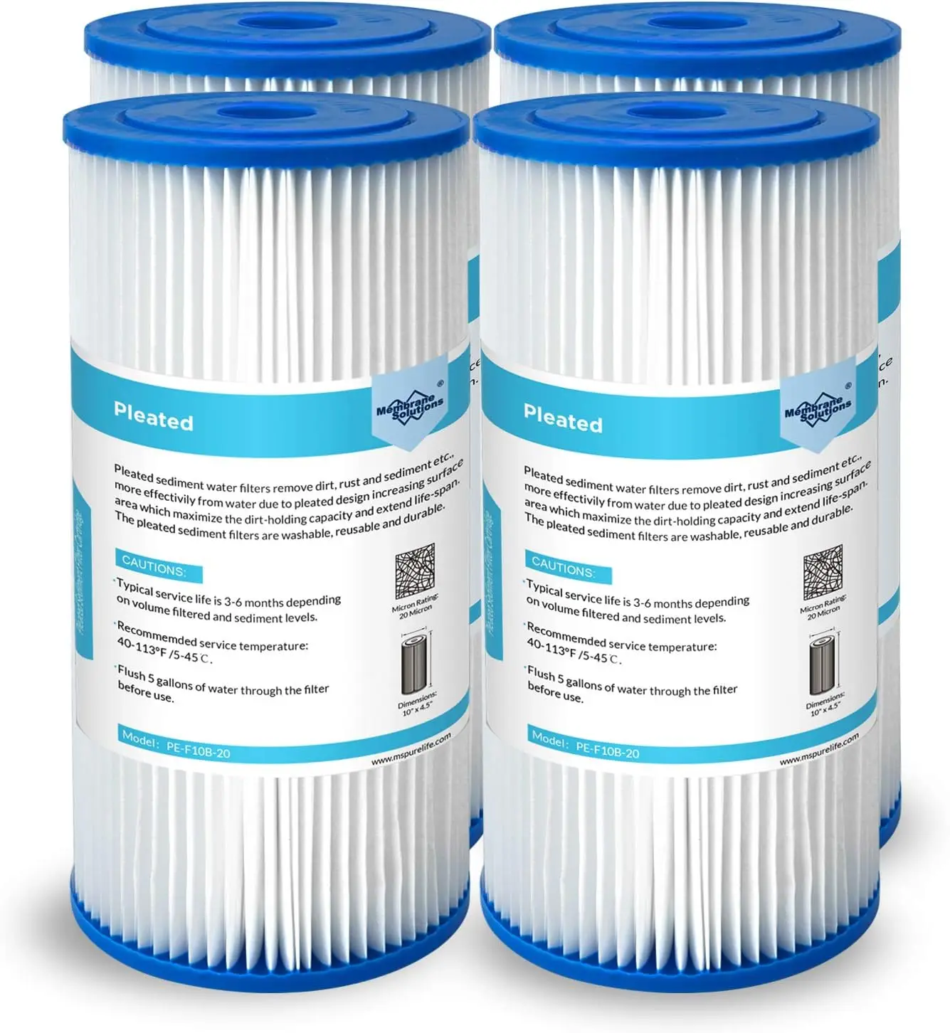 20 Micron Pleated Water Filter 10"x4.5" Whole House Sediment Replacement Cartridge 4 Pack
20 Micron Pleated Water Filter 10"x4.5" Whole House Sediment Replacement Cartridge 4 Pack