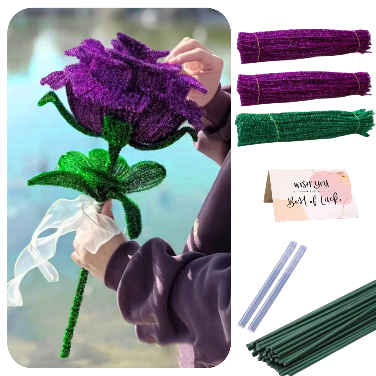 300pcs Glitter Pipe Cleaners,20pcs 30cm Floral Stem Wire, 2pcs 18cm Glue Sticks and 1pc Greeting Card For Diy Rose Crafts
300pcs Glitter Pipe Cleaners,20pcs 30cm Floral Stem Wire, 2pcs 18cm Glue Sticks and 1pc Greeting Card For Diy Rose Crafts