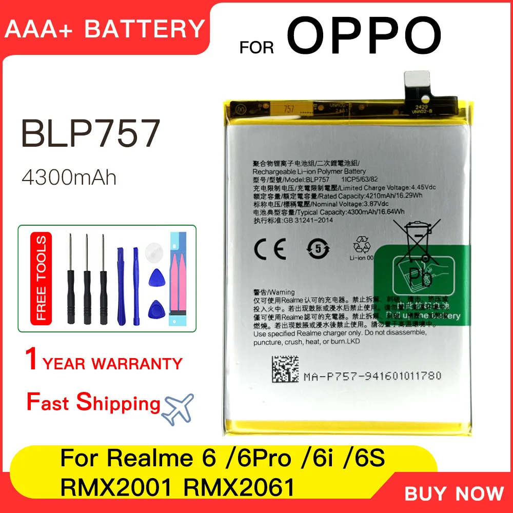 Genuine Battery 4300mAh BLP757 Mobile Phone Battery For Oppo Realme 6 RMX2001 6S 6Pro RMX2061 Pro Batteries batteria+Free tools
Genuine Battery 4300mAh BLP757 Mobile Phone Battery For Oppo Realme 6 RMX2001 6S 6Pro RMX2061 Pro Batteries batteria+Free tools