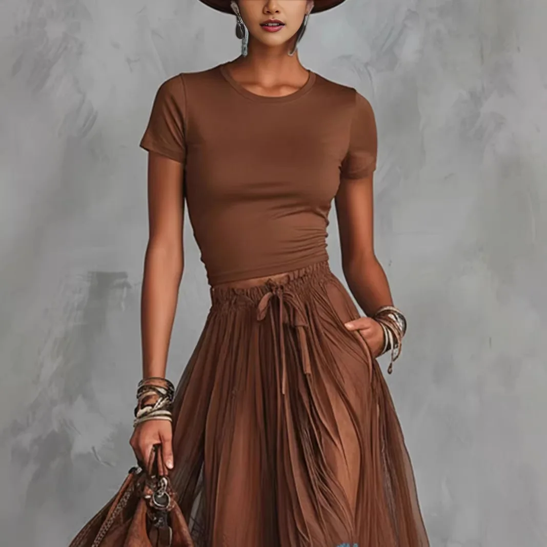 Women's Bohemia Two Piece Outfit Set Short Sleeve Round Neck Crop Top & Lace Mesh Hem Tulle High Waist Vintage Maxi Skirt Sets
Women's Bohemia Two Piece Outfit Set Short Sleeve Round Neck Crop Top & Lace Mesh Hem Tulle High Waist Vintage Maxi Skirt Sets