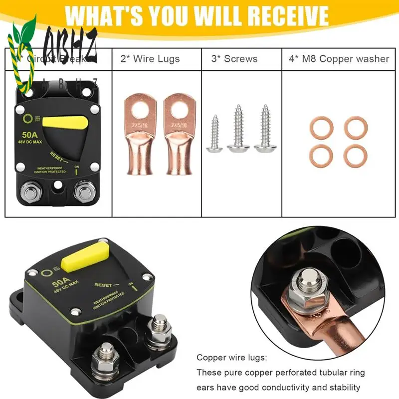 ABHZ-Circuit Breaker W/Manual Reset Switch DC 12-48V High Amperage,W/Wire Lugs Copper Washer For Car Audio RV Marine
ABHZ-Circuit Breaker W/Manual Reset Switch DC 12-48V High Amperage,W/Wire Lugs Copper Washer For Car Audio RV Marine